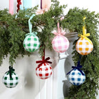Thenshop 6 Pcs Gingham Plaid Glass Christmas Tree Ornament with Velvet Bow - Image 6