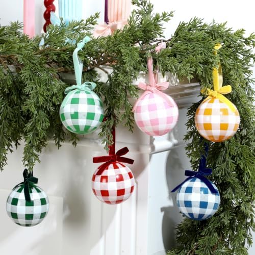Thenshop 6 Pcs Gingham Plaid Glass Christmas Tree Ornament with Velvet Bow - Image 6