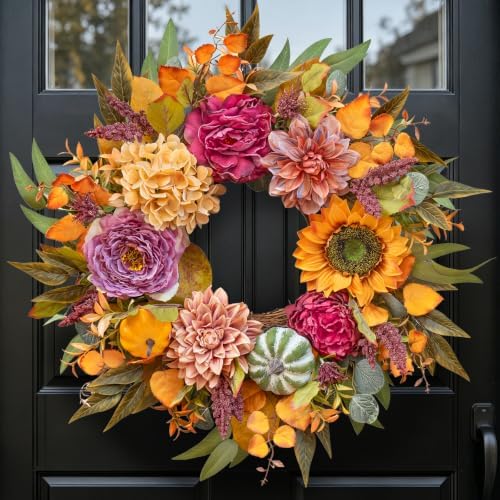 24 Inch Artificial Fall Wreaths for Front Door Outside with Sunflower,Peony by Pinkpuii
