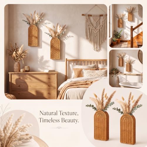 2 Pack Rattan Wall Vase 12 Inch Boho Woven Flat Hanging Vases with Pre Drilled Hook Modern Farmhouse Decorative Wall Art for Living Room, Entryway, Bathroom Decor - Image 4