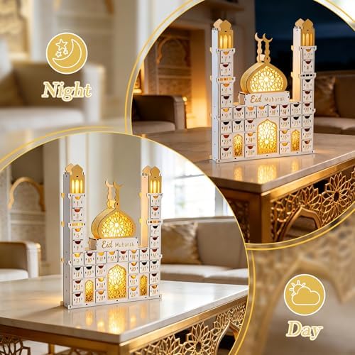 Ramadan Advent Calendar with 30 Drawers Lighted Wooden Eid Mubarak Mosque Countdown Calendar Fillable Large Ramadan Dates Gift Box for Islamic Muslim Home Table Decoration Family Party Supplies - Image 3
