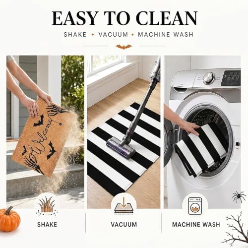 Halloween Welcome Door Mat Combo Set, Skeletal Hand Coco Coir Doormat -28" x 43" Black and White Striped Rug, Autumn Front Porch Entryway Decor Floor Mat - Image 6