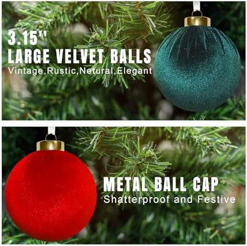 15 Pcs 3.15" Large Red and Green Velvet Ball Ornaments for Christmas Tree - Image 2