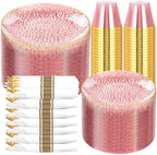 Rubtlamp 700Pcs Pink Gold Plastic Plates, Fancy Hammer Party Plate, Pink Plastic Dinnerware Set Include 100 Dinner Plates,100Salad Plates,100Cups,100Pre Rolled Gold plastic Silverware for Party by Rubtlamp