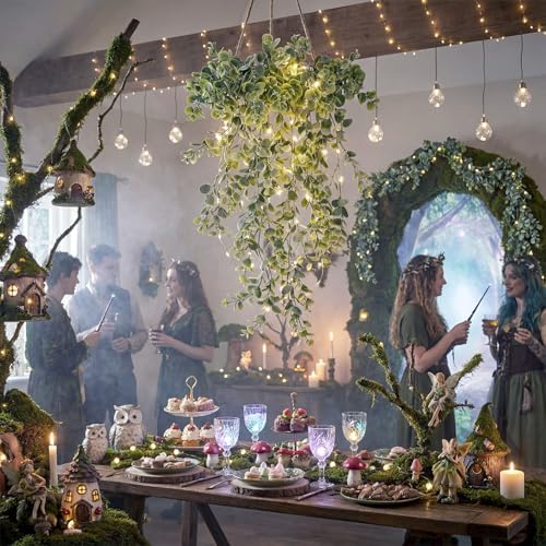 Zeyune 12 Pack Artificial Hanging Eucalyptus Plants, Fake Greenery Eucalyptus Leaves, Boho Ivy Plant Decor for Wedding, Bridal Shower Backdrop Bathroom Home Office Desk Indoor Wall (White-Sprayed) - Image 3