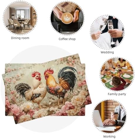 Farmhouse Rooster Placemats Set of 6 Rustic Chicken Flowers Table Mats Farm Country Place Mats Decor Imitation Linen Heat Resistant Tablecloth for Dining Decoration Kitchen Party Restaurants 12''x18'' - Image 7