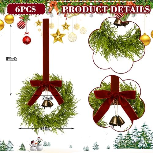 6Pcs Mini Christmas Cedar Wreath, 12 Inch Small Wreaths for Kitchen Cabinets, with Deep Red Bow Vintage Bells Pine and Cypress Leaves for Fireplace Window Farmhouse Indoor Home Decorations - Image 2
