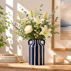 SURE YUESI Blue Ceramic Vase with Handles, Modern Farmhouse Striped Decorative Vase, 9.1" Art Deco Tall Flower Vases for Pampas Grass, Shelf Decor, Dining Table Centerpiece, Living Room Home Decor - Image 4