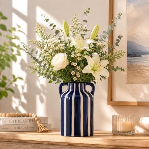 SURE YUESI Blue Ceramic Vase with Handles, Modern Farmhouse Striped Decorative Vase, 9.1" Art Deco Tall Flower Vases for Pampas Grass, Shelf Decor, Dining Table Centerpiece, Living Room Home Decor - Image 4