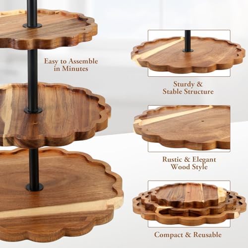 AnyDesign 3 Tier Cupcake Stand Scalloped Wooden Dessert Display Stand Brown Tiered Serving Tray for Wedding Birthday Bridal Baby Shower Tea Party Events - Image 3