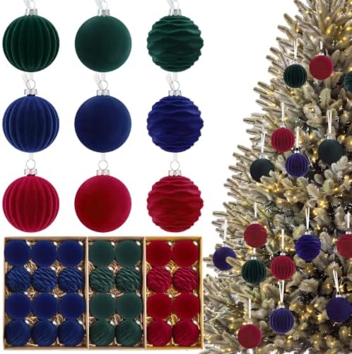 36 Pcs Velvet Christmas Ornament Vintage Ball Bulk, Blue Green Burgundy Red by Junkin