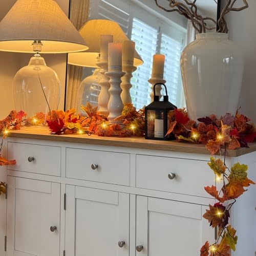 CQURE 7 Pack Fall Leaf Garland with Lights, Fall Vines Autumn Garland LED Lights Artificial Maple Fall Leaves Thanksgiving Decor for Home Wedding Fireplace Party - Image 5