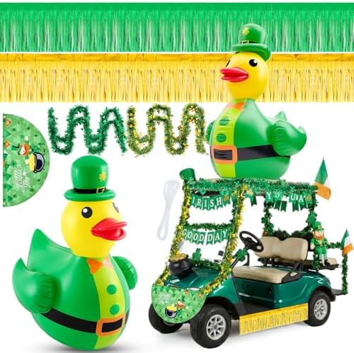 Hungdao St Patrick's Day Golf Cart Decorations Kit 4ft Inflatable Duck Blow up Kit Shamrock Car Decorations with Tinsel Garlands Fan Flag for Parade Outdoor Yard Party by Hungdao