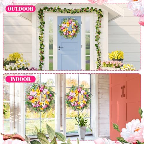 Hotop 2 Pcs Spring Summer Door Wreath for Front Door 22'' Artificial Colorful Phalaenopsis Flower Floral Wreath with Lavender Green Leaves for Indoor Outdoor Home Wedding Farmhouse Window Decor - Image 4