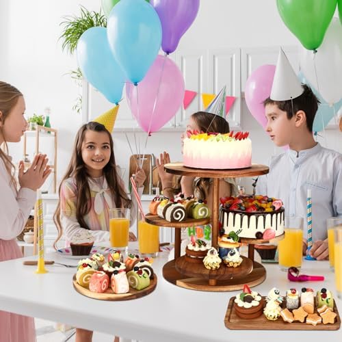 Hushee 4 Pcs Wood Round Cupcake Tower Stand with Serving Platters Trays Set, 4 Tier Wooden Cake Stand Tray with 1 Round Dinner Plate 2 Rectangular Plates for Dessert Snack Party(Brown) - Image 6