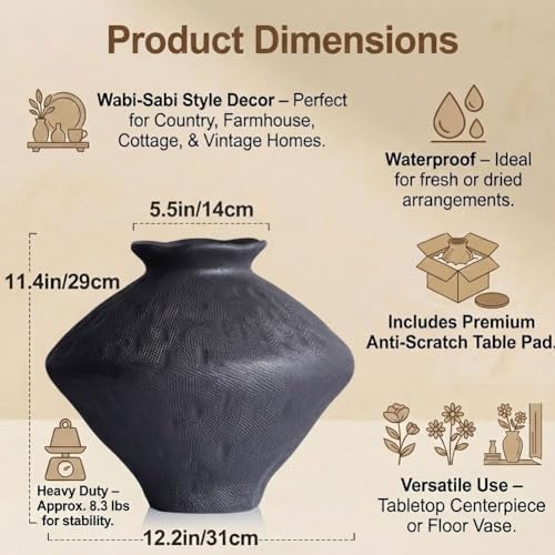 Wabi Sabi Rusty Vintage Vase, 11.4" Tall Wabi Sabi Decor Rustic Farmhouse Pottery Vase for Centerpiece, Textured Pottery Flower Vases for Home Decorative, Table, Living Room (Black, Large) - Image 2
