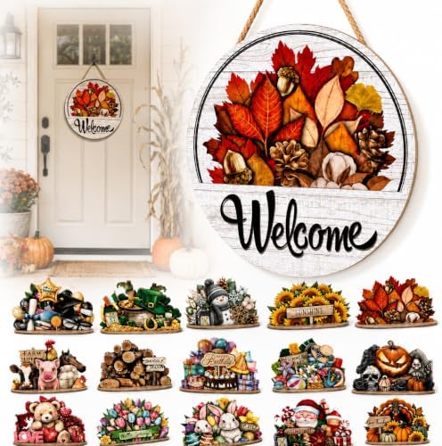 16 Pcs Interchangeable Welcome Sign for Front Door, 12 In Wood Decor by Unknown