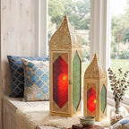 TRIROCKS Set of 2 Moroccan Candle Lanterns 23''&15.5'' H Decorative Candle Holder Hanging Lanterns with Embossed Colored Tempered Glass Ramadan Decorations for Home Outdoor Indoor Patio Weddings(Gold) - Image 6