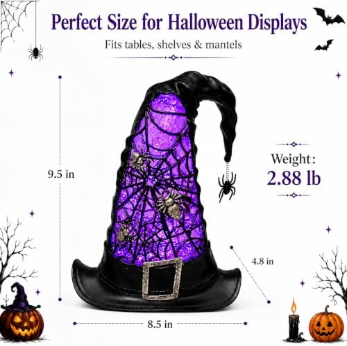 Halloween Witch Hat Snow Globe Lantern with Purple Light & Swirling Glitter, 9.5 Inch Lighted Halloween Tabletop Decor with Spider Web & Hanging Spider, Battery Operated for Mantel Shelf Party - Image 3