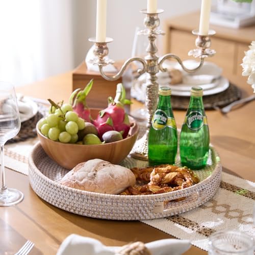 16.9 inch Round Rattan Tray, Woven Large Serving Tray with Handles, Wicker Serving Basket, Coffee Table Decor for Living Room, Whitewash - Image 2