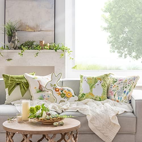 Phantoscope Pack of 2 Happy Easter Throw Pillow Covers - Tassel Trimmed Printed Colorful Flowers and Rabbits Spring Farmhouse Decorative Easter Pillows, Light Green, 18x18 Inches - Image 6