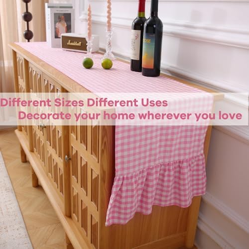 Pink White Plaid Gingham Ruffle Table Runner Cabinet Cover 13"x108" - Image 6