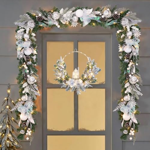 prelit Christmas Hoop Wreath with Lighted House,Farmhouse Winter Wreath with Lights,16inch Silver White Christmas Wreath for Front Door, Winter Xmas Holiday Porch Decor,Modern Mantel Decoration Gift - Image 7