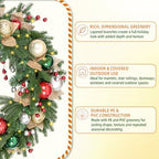 24 Inch Lighted Christmas Wreath with 30 Warm White LEDs and Timer, Battery Operated Pre-Lit Artificial Wreath with Christmas Ornaments and Gold Mesh Leaves for Front Door and Mantel - Image 3