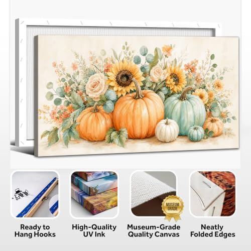 WAXWHELK Pumpkin Fall Canvas Wall Art, Autumn Thanksgiving Rustic Farmhouse Painting Pictures Artwork for Bedroom Living Room Home Decor (24"x47") - Image 6