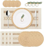 Handmade Rustic Farmhouse Boho Placemats Set, Natural Water Hyacinth Cotton Jute Woven Table Mats with Coasters & Napkin Rings for Kitchen Dining Party (4, Handmade Placemats Set of 4) - Image 2