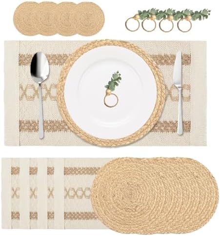 Handmade Rustic Farmhouse Boho Placemats Set, Natural Water Hyacinth Cotton Jute Woven Table Mats with Coasters & Napkin Rings for Kitchen Dining Party (4, Handmade Placemats Set of 4) - Image 2