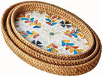 i-lan 3-Pack Oval Rattan Serving Trays with Mother of Pearl Inlay, 13/12/11 Inch Woven Platters for Home Decor, Coffee Table, Display, and Entertaining by ilan