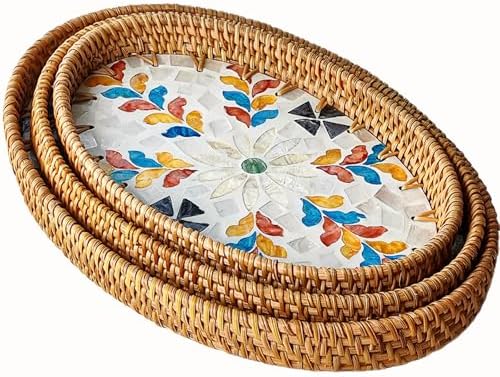 i-lan 3-Pack Oval Rattan Serving Trays with Mother of Pearl Inlay, 13/12/11 Inch Woven Platters for Home Decor, Coffee Table, Display, and Entertaining by ilan