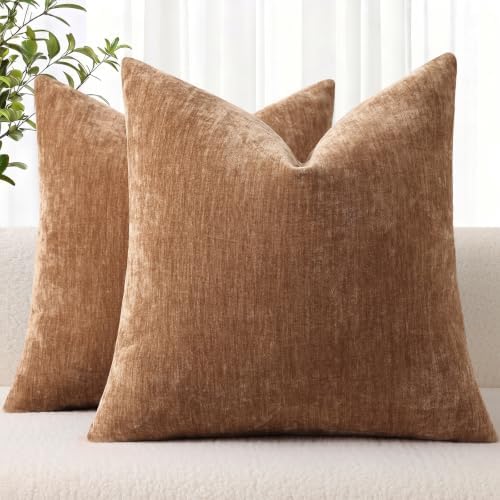 decorUhome Fall Chenille Desert Sand Throw Pillow Covers 26x26 Inch Set of 2, Decorative Soft Couch Pillow Covers Solid Dyed Accent Euro Sham Farmhouse Neutral Square Pillow Cases for Sofa by decorUhome