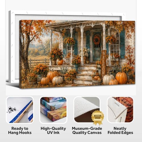 WAXWHELK Fall Farmhouse Canvas Wall Art, Autumn Rustic Farmhouse Pumpkin Porch Welcome Sign Painting Pictures, Thanksgiving Artwork for Living Room Bedroom Home Decor (20"x40") - Image 6