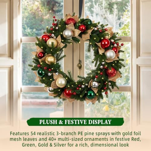 Hykolity 24 Inch Pre-Lit Christmas Wreath with 30 Warm White LED Lights and Timer, Battery Operated Artificial PE & PVC Wreath with Multicolor Ornaments and Glittered Gold Leaves for Front Door - Image 3