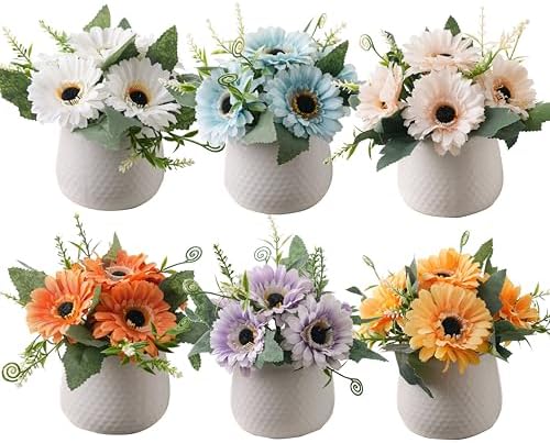 LUEUR Artificial Flowers with Ceramic Pot–6PCS Fake Sunflowers in Vase by LUEUR