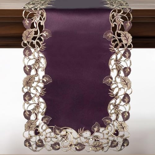 DECOZEN Gold Lace Plum Christmas Table Runner – Embroidered Dining & Dresser Decor Scarf for Holiday Tables, Weddings & Parties – 14 x 108 in Elegant European Falling Tarantino Collection by Decozen