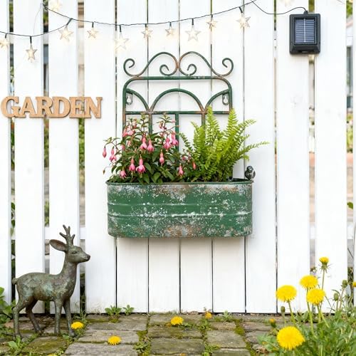 Vintage Rustic Wall Planter Distressed Green Decor Metal Hanging Plant Basket Shabby Iron Wall Mounted Flower Holder Pot Stand for Indoor Outdoor Home Balcony Patio Farmhouse Garden Decorative - Image 4