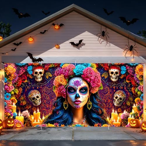 Mexican Day of the Dead Garage Door Banner 7x16ft, Dia de los Muertos Catrina Skull Bride Outdoor, Sugar Skull Altar Candle Double Garage Door Cover Tapestry Mural for House Front Holiday Decor - Image 3