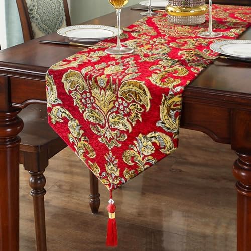 Elegant Table Runners 72 inches Long Chenille with Tassels Red Christmas by HeMiaor
