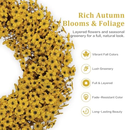24" Yellow Fall Wreath for Front Door, Artificial Mums Autumn Wreath - Image 4