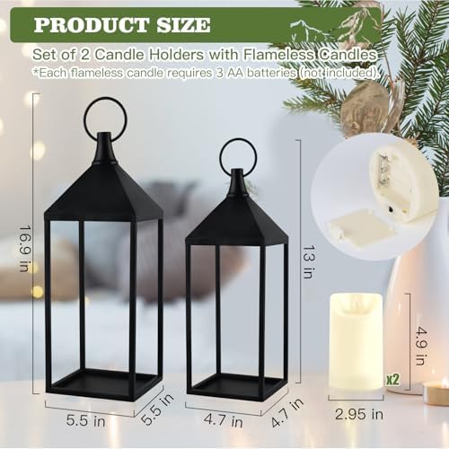 17" 13" Modern Farmhouse Candle Lantern Decor Set of 2 Black Metal Candle Lanterns with Flameless Candles, Lanterns Decorative Indoor for Fireplace Mantle Table Outdoor Lanterns for Patio Porch Garden - Image 3
