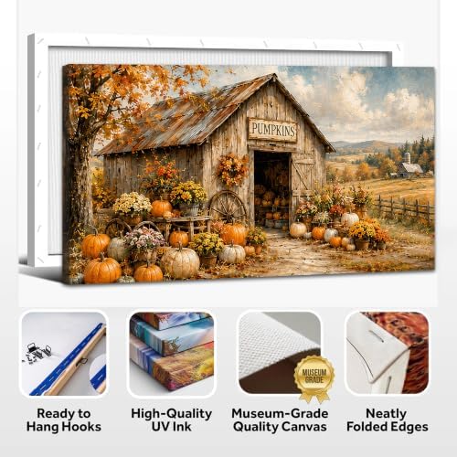 WAXWHELK Pumpkin Fall Canvas Wall Art, Pumpkin Barn Rustic Farmhouse Painting Pictures Artwork for Autumn Thanksgiving Home Decor, Bedroom Living Room Wall Decor (30"x60") - Image 6