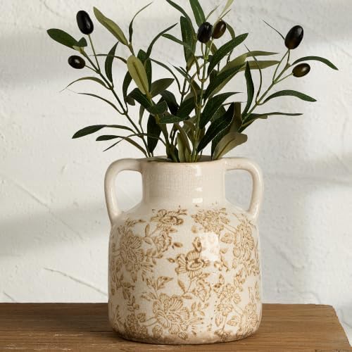 Vintage Flower Vase with Handles, Ceramic Utensil Holder, Decorative Vase Chinoiserie Decor Rustic Farmhouse Retro Floral Vases for Table Bookshelf Mantel Kitchen Living Room - 6.7” Brown 017 - Image 6