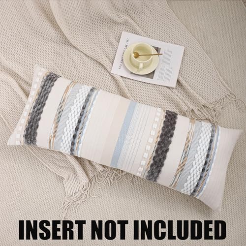 Boho Lumbar Throw Pillow Cover 14x36 Grey Blue White - Image 4