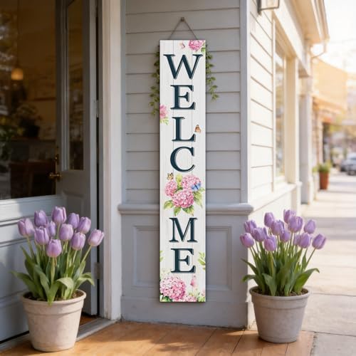 Welcome Sign for Front Porch, 47" Wood Framed Porch Sign Hydrangea Flower Decorations with Hanging Rope, Farmhouse Yard Signs Home Decor for Outdoor Patio - Image 5