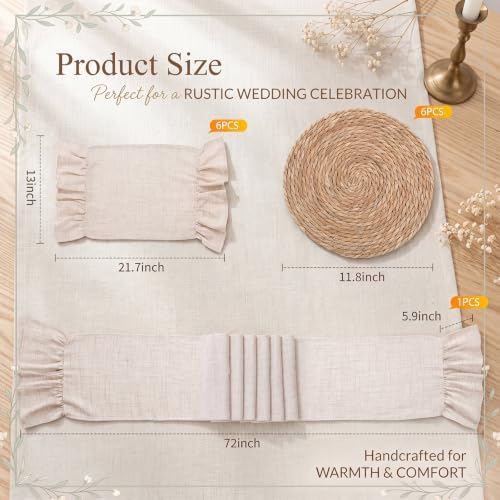 6 Boho Round Woven Placemats Ruffle Table Runner 13x72 - Image 2