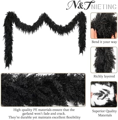 9 FT Halloween Cedar Garland, Black Real Touch Soft Christmas Decorations - Image 4
