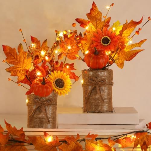 [2-Style & Light Timer] 2 Pack 13 Inch Fall Decor Table Centerpiece with Lights 20LED Maple Arrangement Potted Pumpkin Sunflower in Burlap Fall Decorations for Home Kitchen Office Autumn Thanksgiving by Grandeal